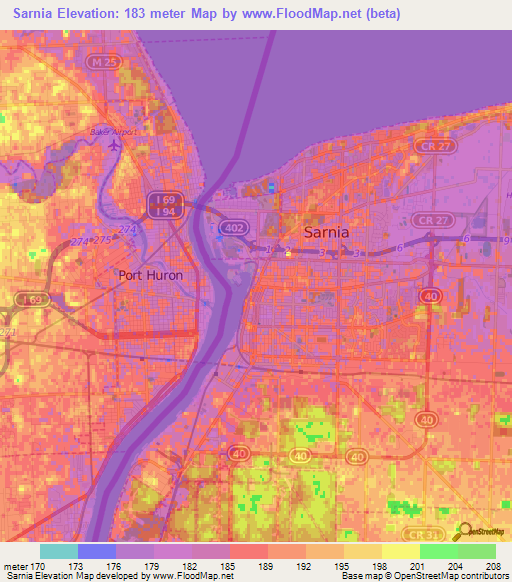 Elevation of Sarnia,Canada Elevation Map, Topography, Contour