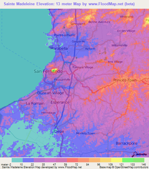 Elevation of Sainte Madeleine,Trinidad and Tobago Elevation Map