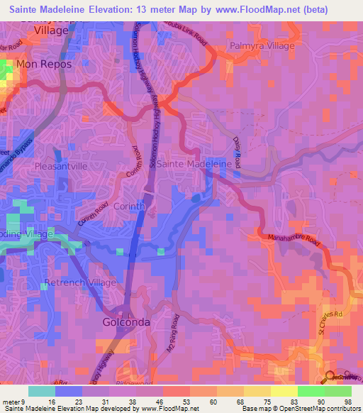 Elevation of Sainte Madeleine,Trinidad and Tobago Elevation Map