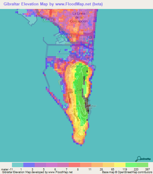 Gibraltar Elevation and Elevation Maps of Cities, Topographic Map Contour