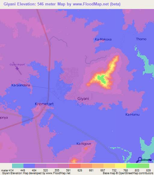 Giyani,South Africa Elevation Map