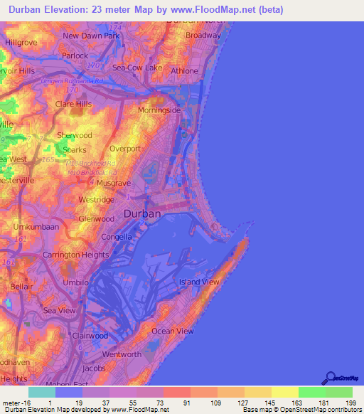 Durban,South Africa Elevation Map