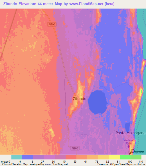 Zitundo,Mozambique Elevation Map