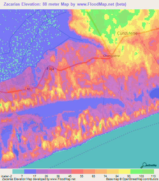 Zacarias,Mozambique Elevation Map