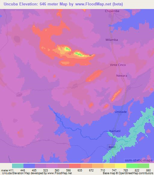 Uncuba,Mozambique Elevation Map
