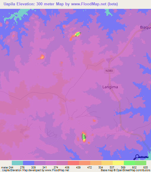 Uapila,Mozambique Elevation Map