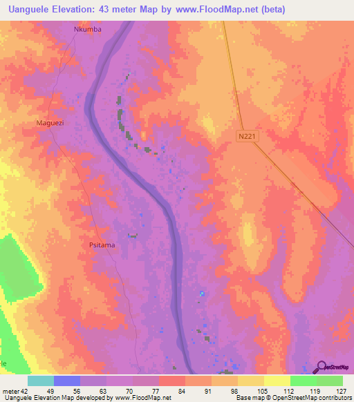 Uanguele,Mozambique Elevation Map