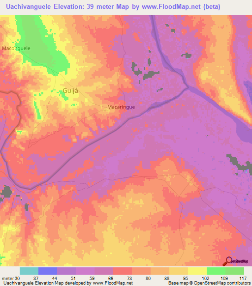 Uachivanguele,Mozambique Elevation Map