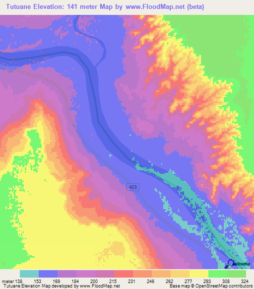 Tutuane,Mozambique Elevation Map