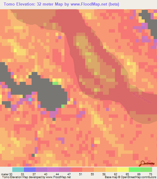 Tomo,Mozambique Elevation Map