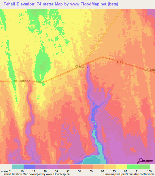 Tehali,Mozambique Elevation Map