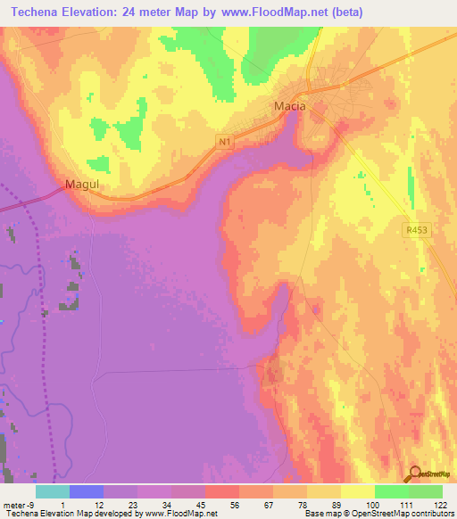 Techena,Mozambique Elevation Map