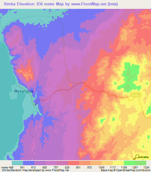 Simba,Mozambique Elevation Map