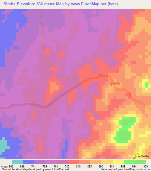 Simba,Mozambique Elevation Map