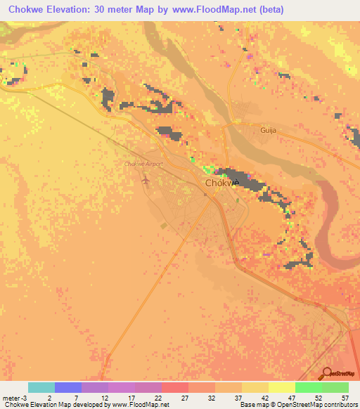 Chokwe,Mozambique Elevation Map