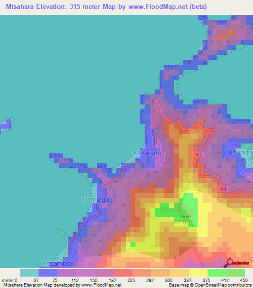 Mtsahara,Mayotte Elevation Map