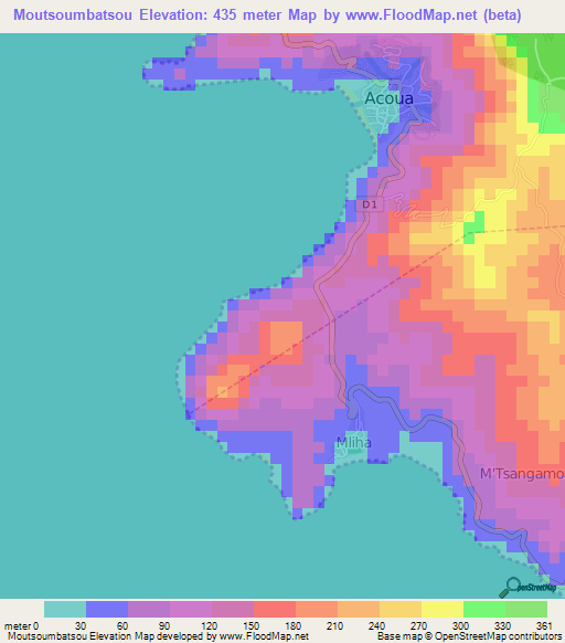 Moutsoumbatsou,Mayotte Elevation Map