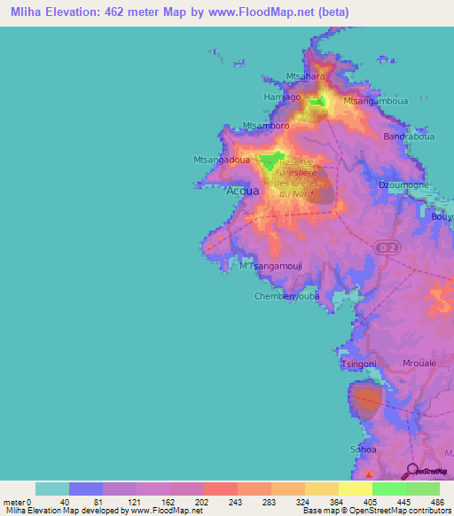 Mliha,Mayotte Elevation Map