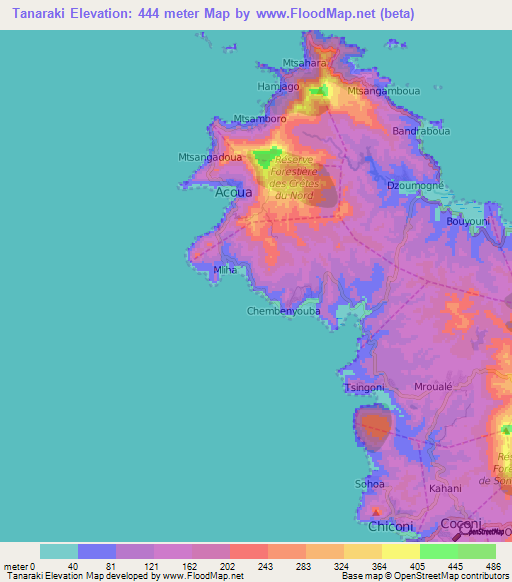 Tanaraki,Mayotte Elevation Map