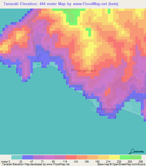 Tanaraki,Mayotte Elevation Map