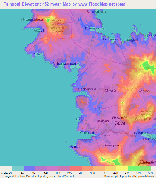 Tsingoni,Mayotte Elevation Map