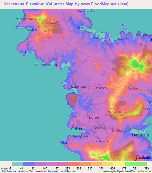 Hachenoua,Mayotte Elevation Map