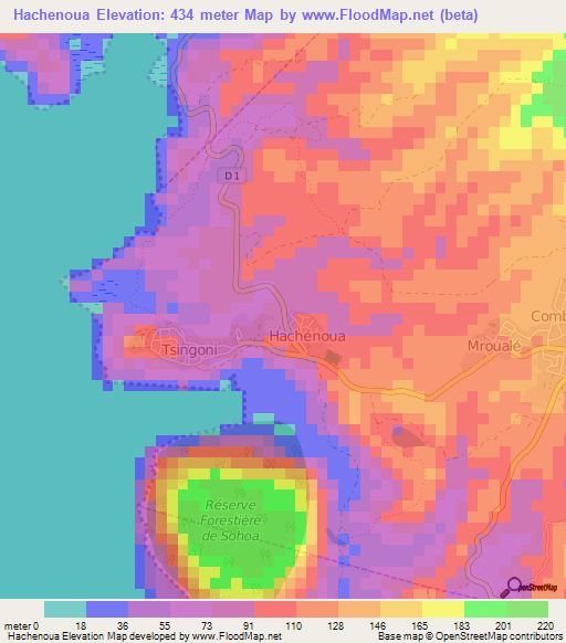 Hachenoua,Mayotte Elevation Map