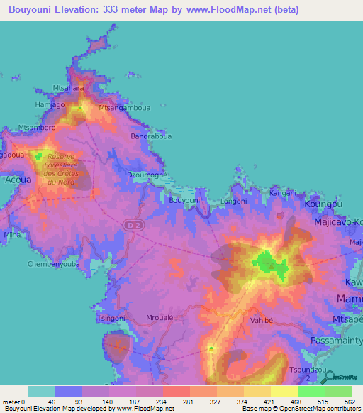 Bouyouni,Mayotte Elevation Map