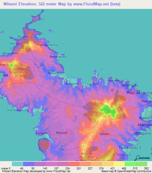 Mitseni,Mayotte Elevation Map