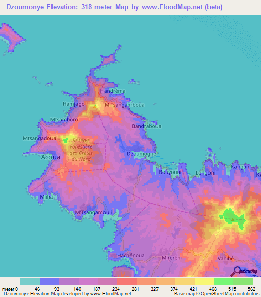 Dzoumonye,Mayotte Elevation Map