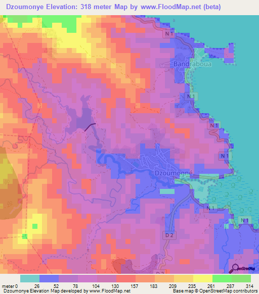 Dzoumonye,Mayotte Elevation Map