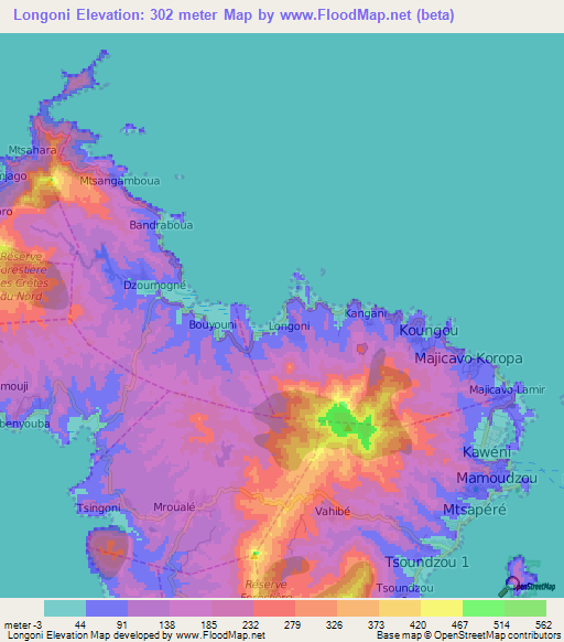 Longoni,Mayotte Elevation Map