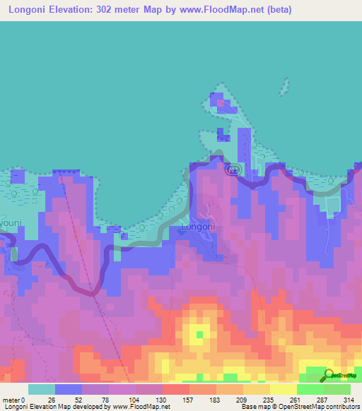 Longoni,Mayotte Elevation Map