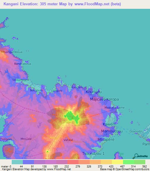 Kangani,Mayotte Elevation Map