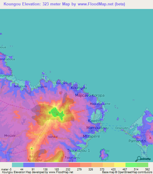 Koungou,Mayotte Elevation Map