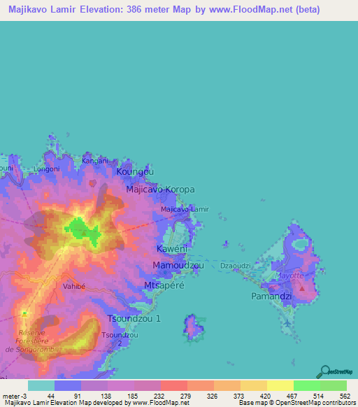 Majikavo Lamir,Mayotte Elevation Map