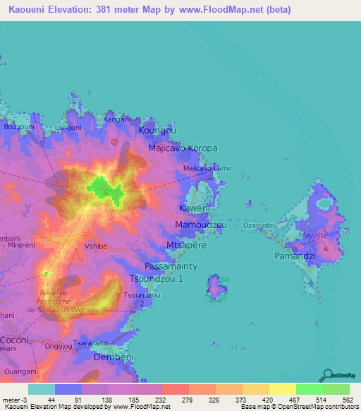 Kaoueni,Mayotte Elevation Map