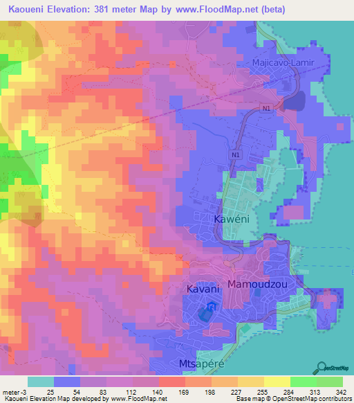 Kaoueni,Mayotte Elevation Map