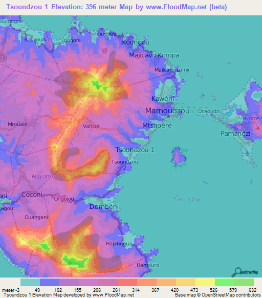 Tsoundzou 1,Mayotte Elevation Map