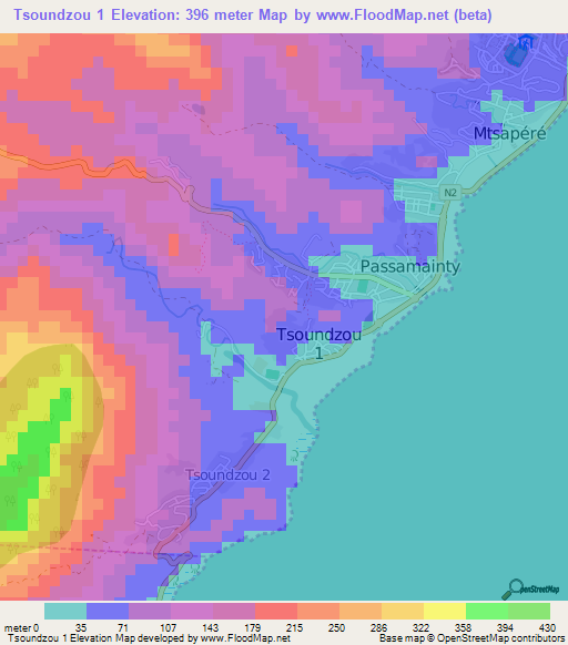 Tsoundzou 1,Mayotte Elevation Map