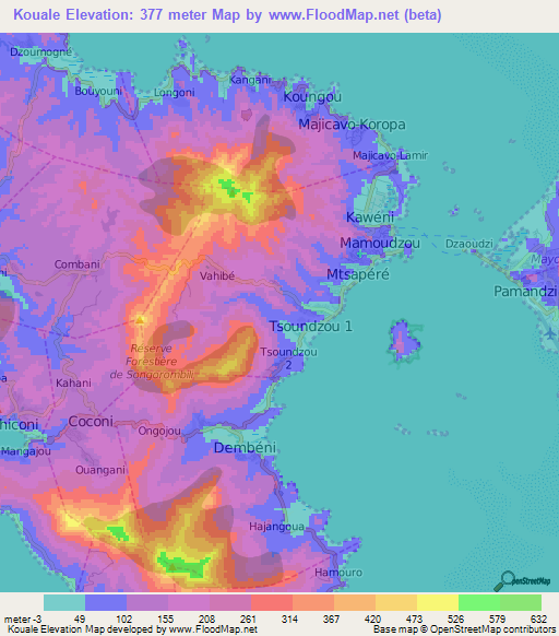 Kouale,Mayotte Elevation Map