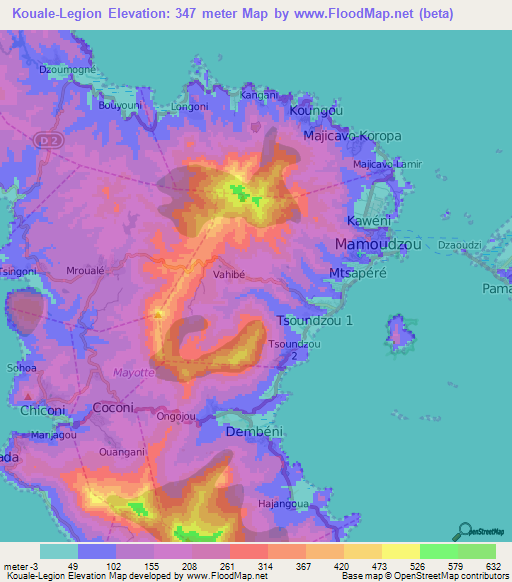 Kouale-Legion,Mayotte Elevation Map