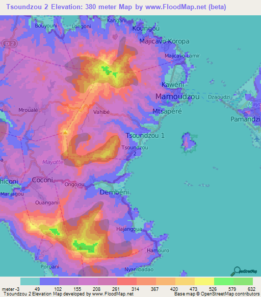 Tsoundzou 2,Mayotte Elevation Map