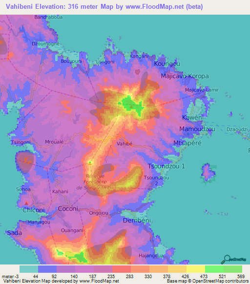 Vahibeni,Mayotte Elevation Map