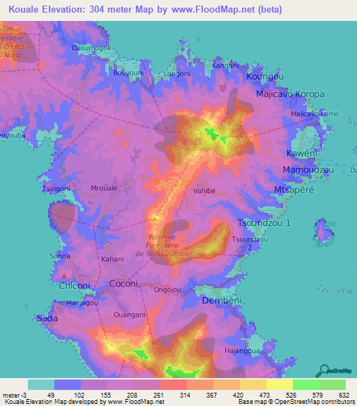 Kouale,Mayotte Elevation Map