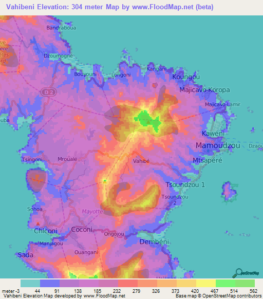 Vahibeni,Mayotte Elevation Map