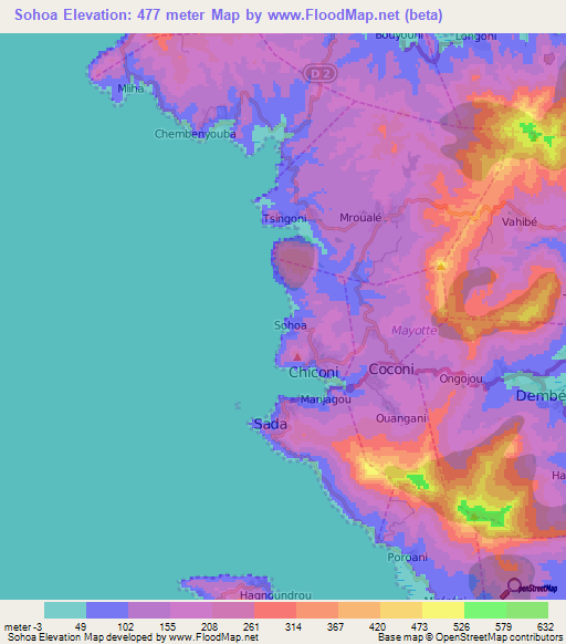 Sohoa,Mayotte Elevation Map