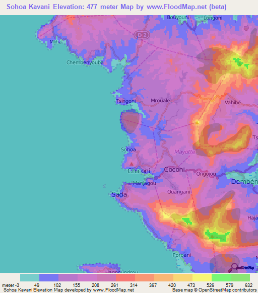 Sohoa Kavani,Mayotte Elevation Map