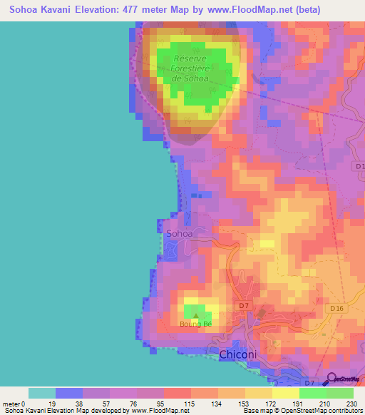 Sohoa Kavani,Mayotte Elevation Map