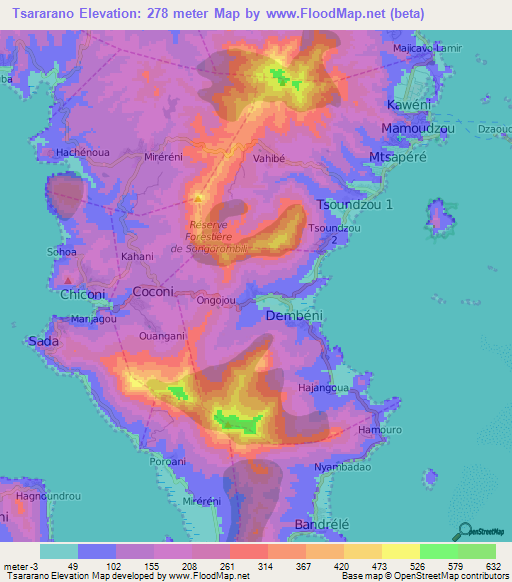 Tsararano,Mayotte Elevation Map